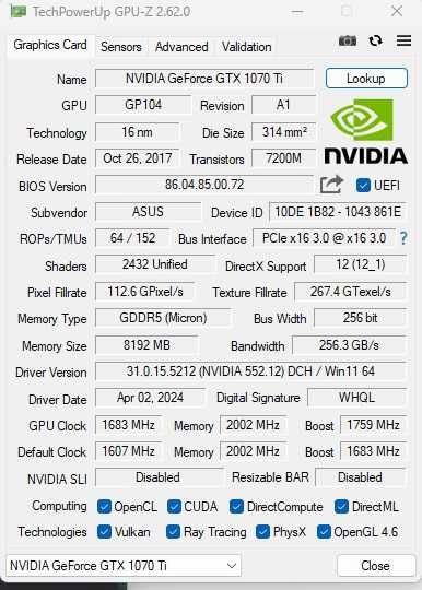 Asus ROG Strix 1070 Ti 8GB