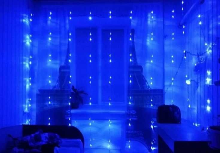 Синя Лед завеса 3х3м + подарък Коледни лампички 8метров