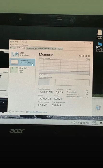 Laptop Acer Aspire One 725 C7 11,6” 8gb RAM 320 hdd w10