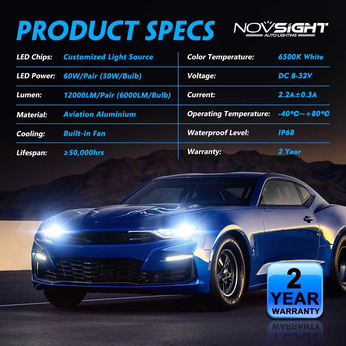 Set 2 Becuri LED H7 Model 2022 Novsight 12000Lm Plug and Play