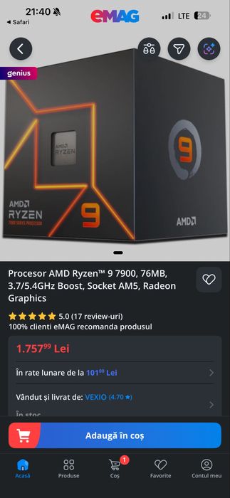 Procesor AMD Ryzen™ 9 7900, 76MB, 3.7/5.4GHz Boost, Socket AM SIGILAT