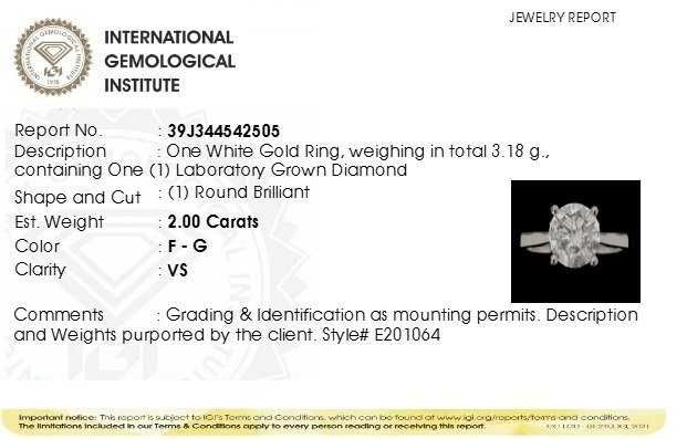 Inel logodnă 2 ct diamant aur alb 14k  – IGI certificat – nou –
