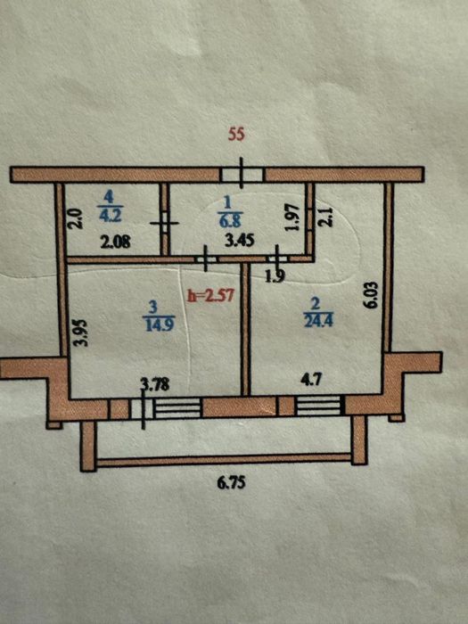 Квартира 1 комн, 2/5, 55 м2, напротив бассейна Дельфин.
