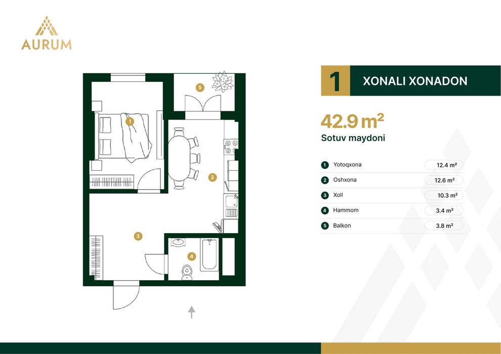 1 xona Olmazor tumani Aurum turar joy kompleksi