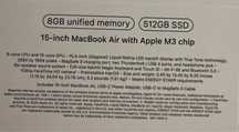 Apple Makbook air 15inch M3 8/512