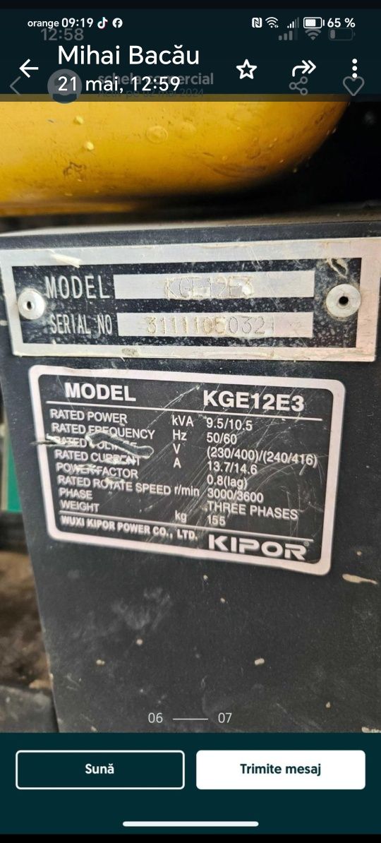Generator curent kipor de 8,5 kw
