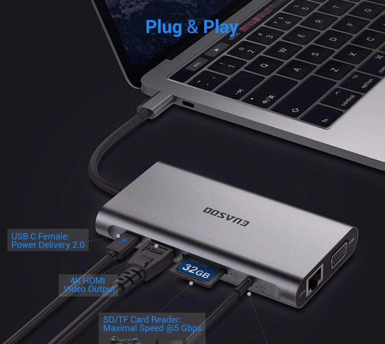 Hub USB-C 11 in 1 multifuncțional – HDMI 4K, RJ45, USB 3.0, SD
