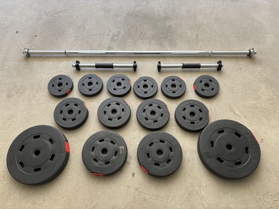 Комплект тежести + щанга и лостове за дъмбели (50 кг общо)