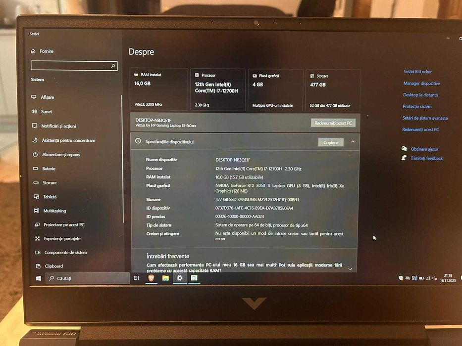 LAPTOP GAMING HP VICTUS - i7 12.7k, GeForce RTX 3050 Ti, 16GB RAM