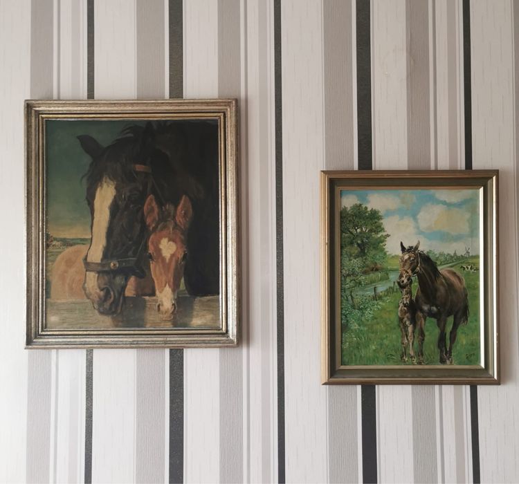 Антикварна картина летен пейзаж коне кобила жребче маслени бои платно