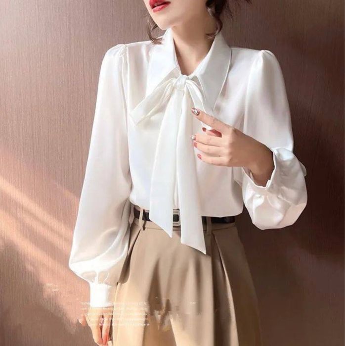 Блузка/Рубашка белая без воротника с бантиком как на фото