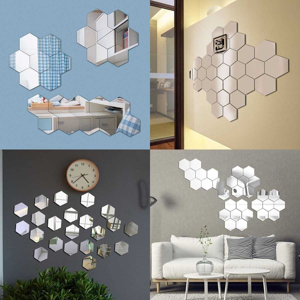 Set 12 Oglinzi din PVC Design Hexagon Silver M Size Autoadezive