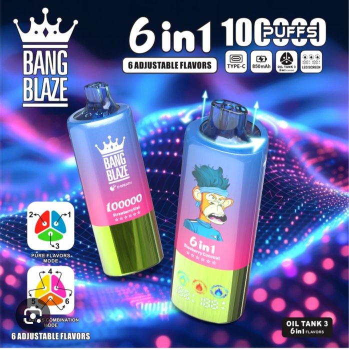 Exclusiv! 2 X Bang Blaze 100000 Puffs 6 Arome in 1 Reîncărcabil