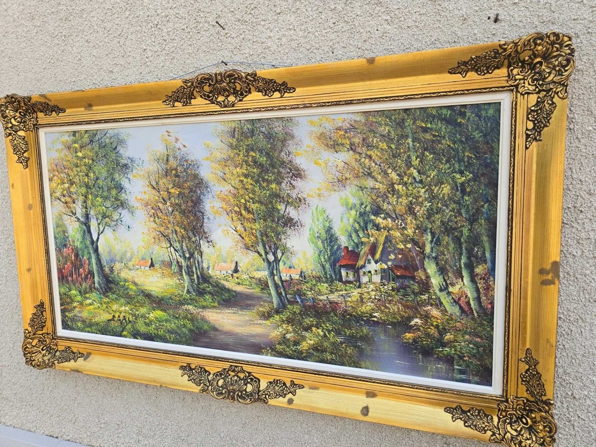– Tablou peisaj rustic cu ramă aurie ornamentată