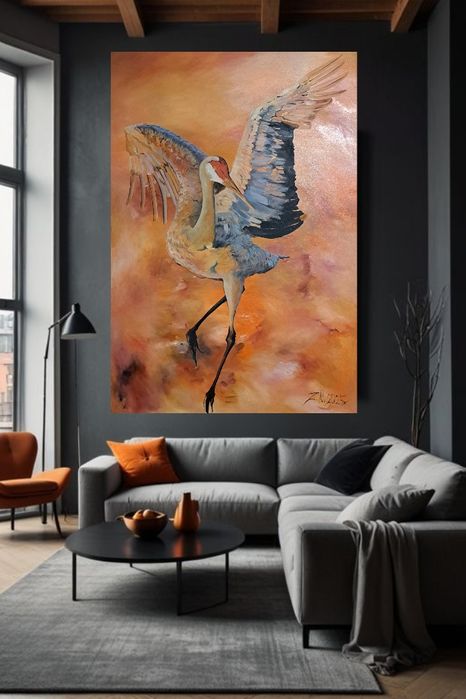 Картина маслом "Цапля в оранжевом"