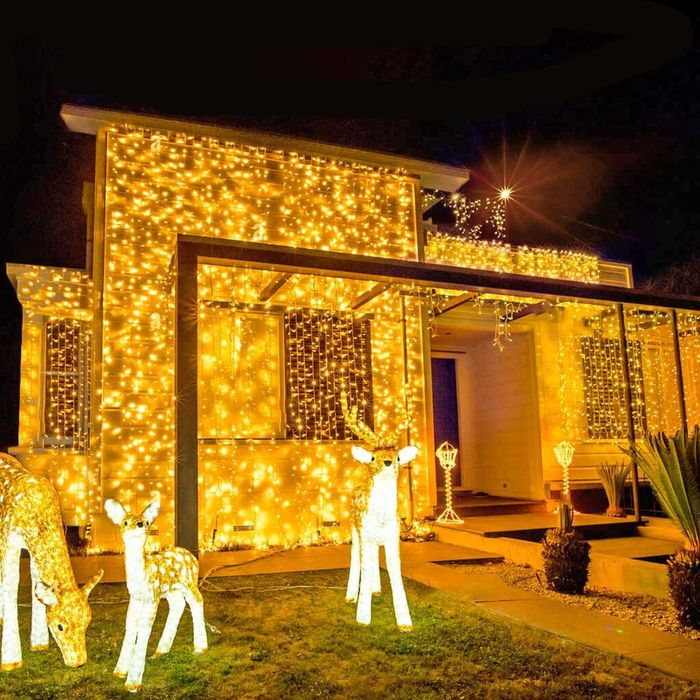 Външни коледни лампички 50м макара топла светлина с флаш 500 диода