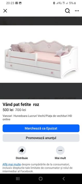 Vând pat de fetite roz nou