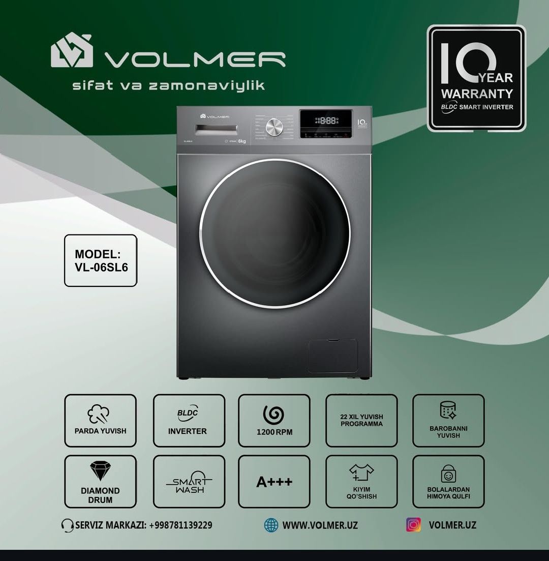 Volmer Kir yuvish mashinasi invertir kafolati 10 yil