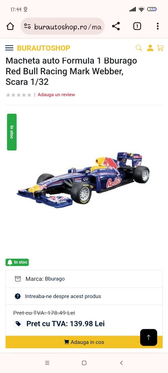 Macheta auto Formula 1 Bburago Red Bull Racing Mark Webber, Scara 1/32