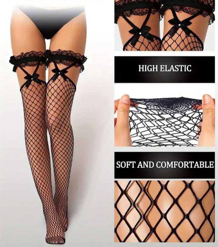 Stockings/ciorapi plasa cu jartiere si fundite set alb+negru