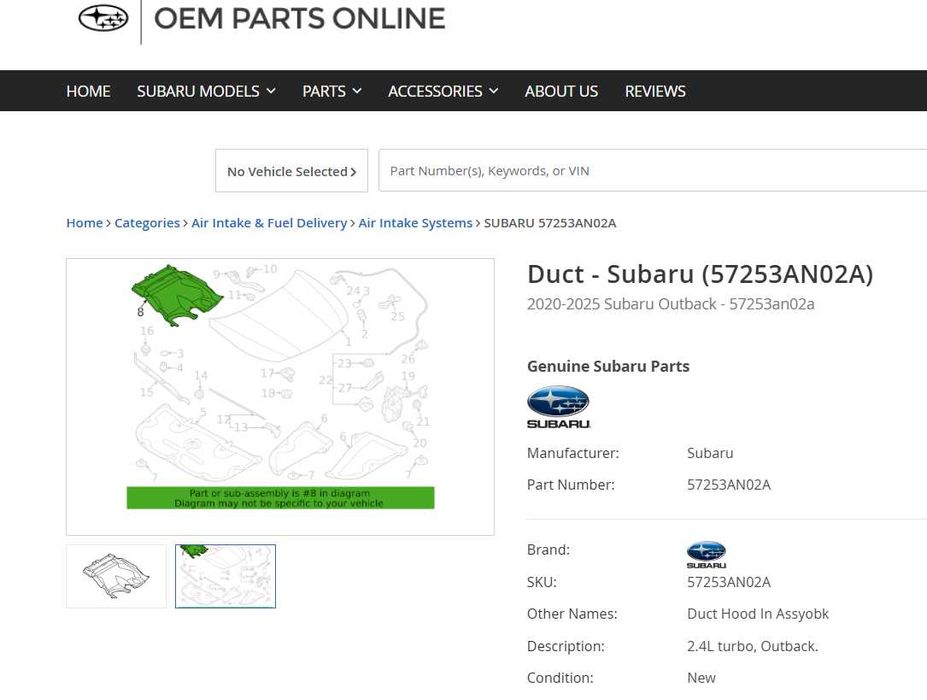 Въздуховод под преден капак Subaru Outback 2.4Т OEM#57253AN02A
