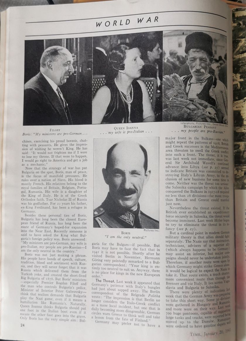 Списание TIME от 1941 г. с Цар Борис III на корицата