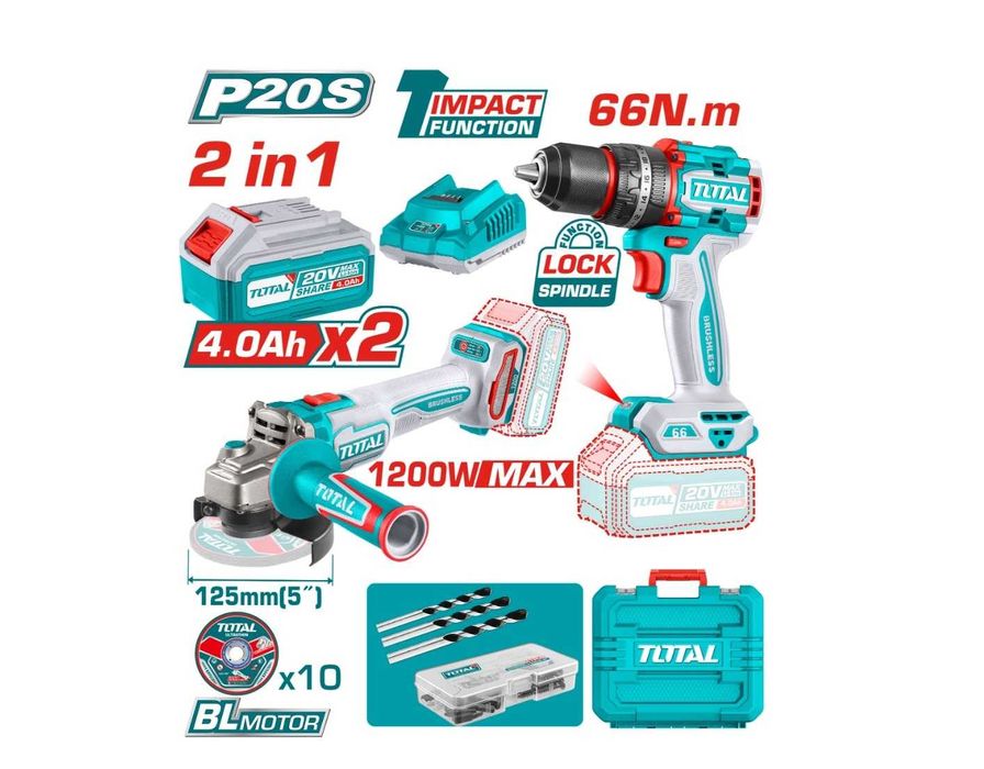 Комплект ударен винтоверт и ъглошлайф TOTAL, 20 V, 2 x 4 Ah