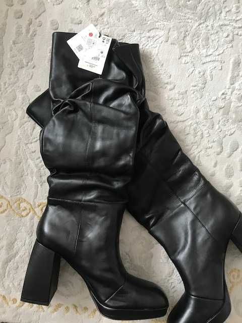 bershka inditex zara cizme piele toc negru tub