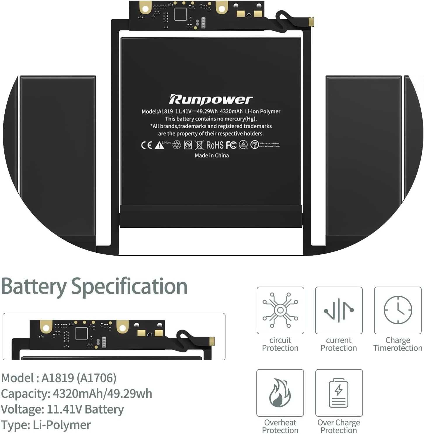 Батерия A1706, Runpower A1819 за MacBook Pro 13 инча EMC 3071 3163