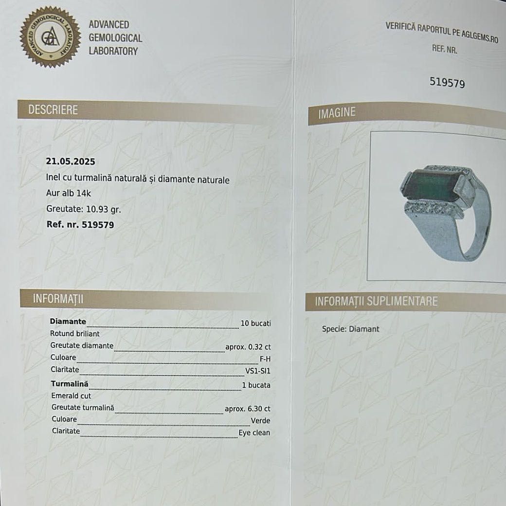 inel masiv cu turmalina si diamante, aur 14k, certif.