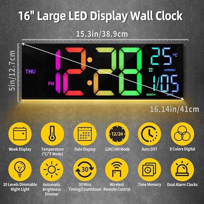 16" LED дигитален стенен часовник, дистанционно, температура, дата