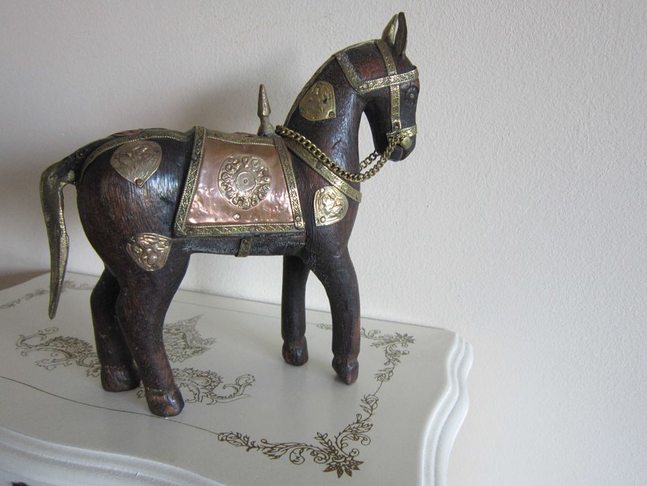 cadou rar Craciun Cal Căluț antic vintage lemn alama bronz cupru