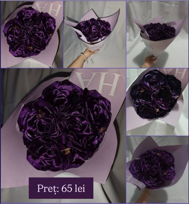 Buchet de 7 trandafiri de culoare mov închis cu sclipici și fluturi