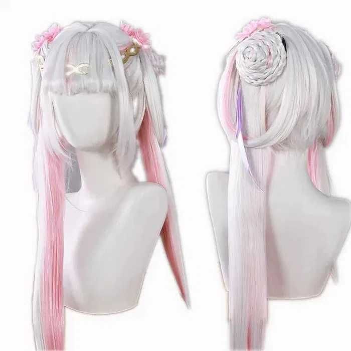 Висококачествена аниме перука бяло и розово с подвижни опашки