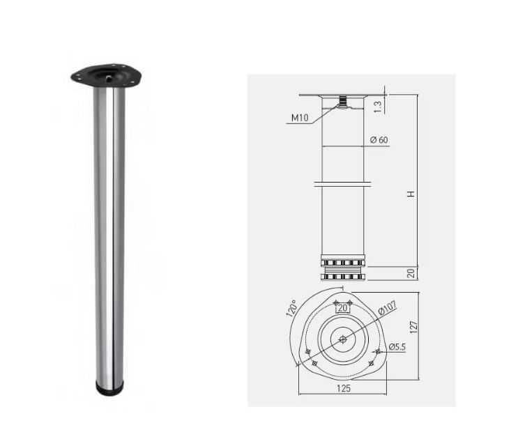 Set 4 picioare  reglabile pentru mese, Ø 60 mm, H=710 mm, crom,metal