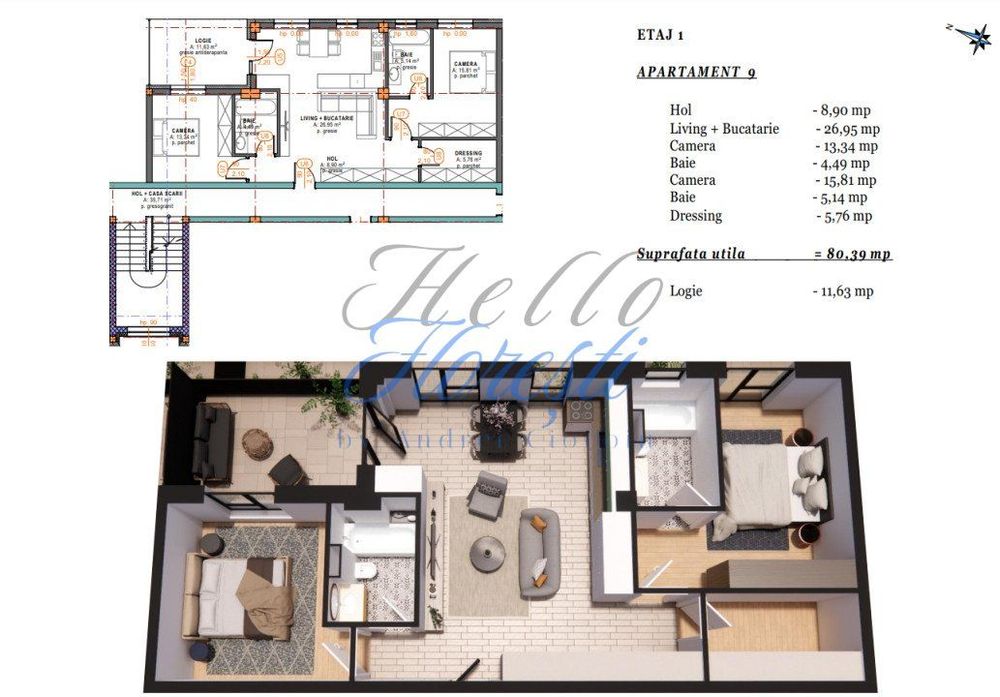 Apartament 3 camere cu terasa, semifinisat, 80 mp, zona Terra Gardens,