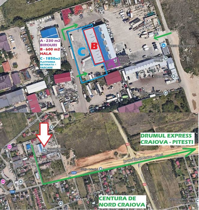 Proprietate industriala de inchiriat 2600 m2 utili : HALA + BIROURI