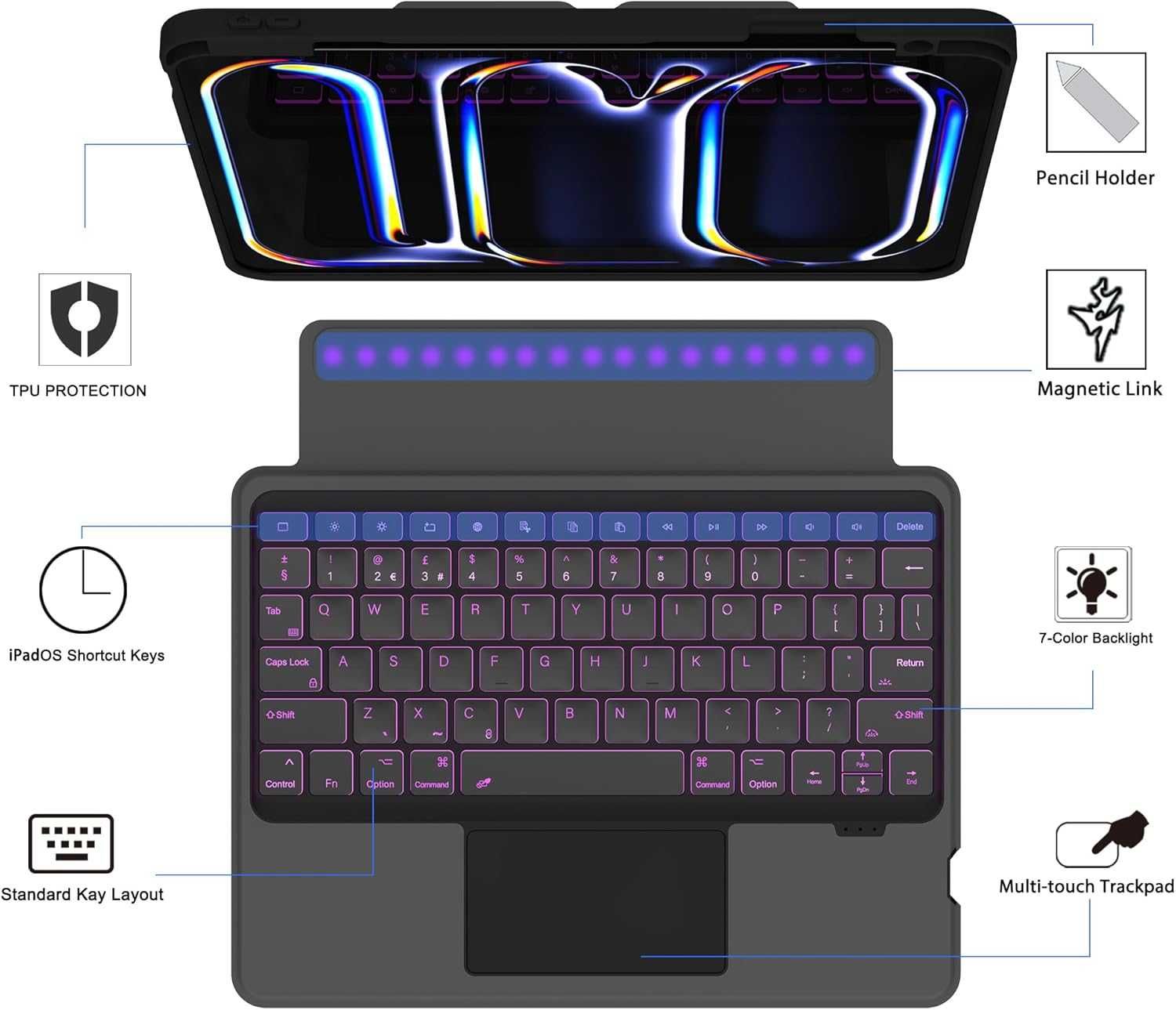 ROOFEI Калъф с клавиатура за iPad Pro 11-инчов (M4,2024,A2836,A2837)