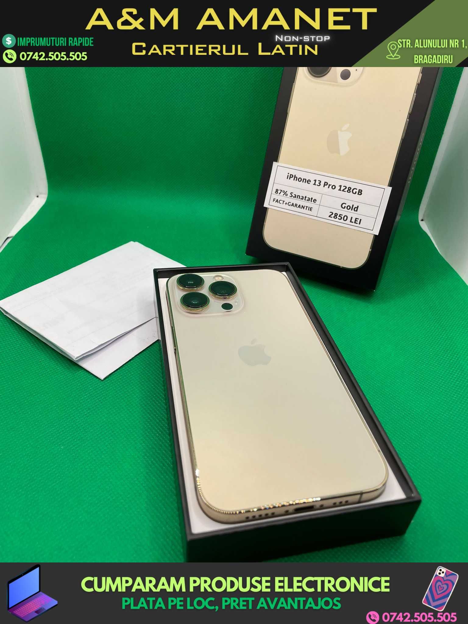 iPhone 13 Pro, 128GB, Gold, 87% Baterie, Factură+Garanție (A&M Amanet)