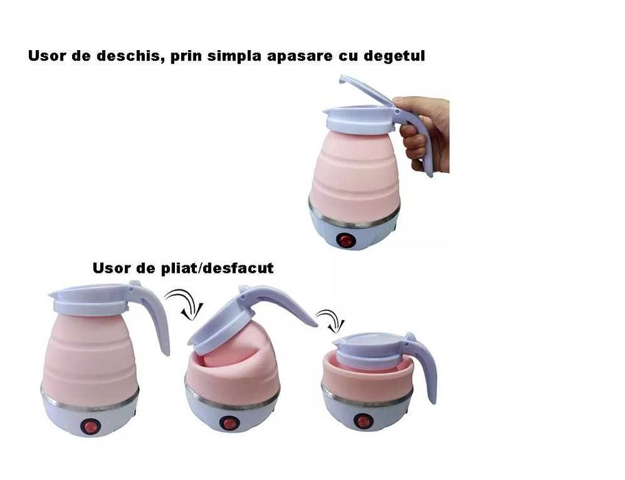 Cana electrica pliabila, fierbator, 600ml, travel, 600W, silicon, Roz