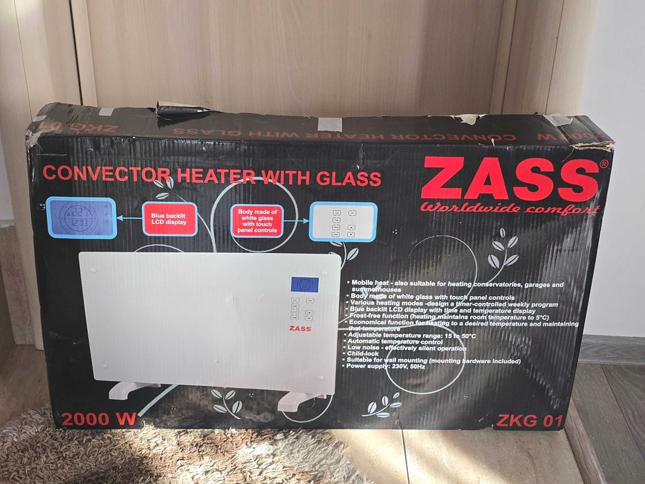 Convector electric Zass ZKG 01 2000W, 3 trepte, panou sticla, touch