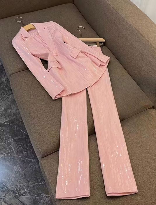 Compleu elegant roz paiete sacou blazer pantalon lung evazat cocktail