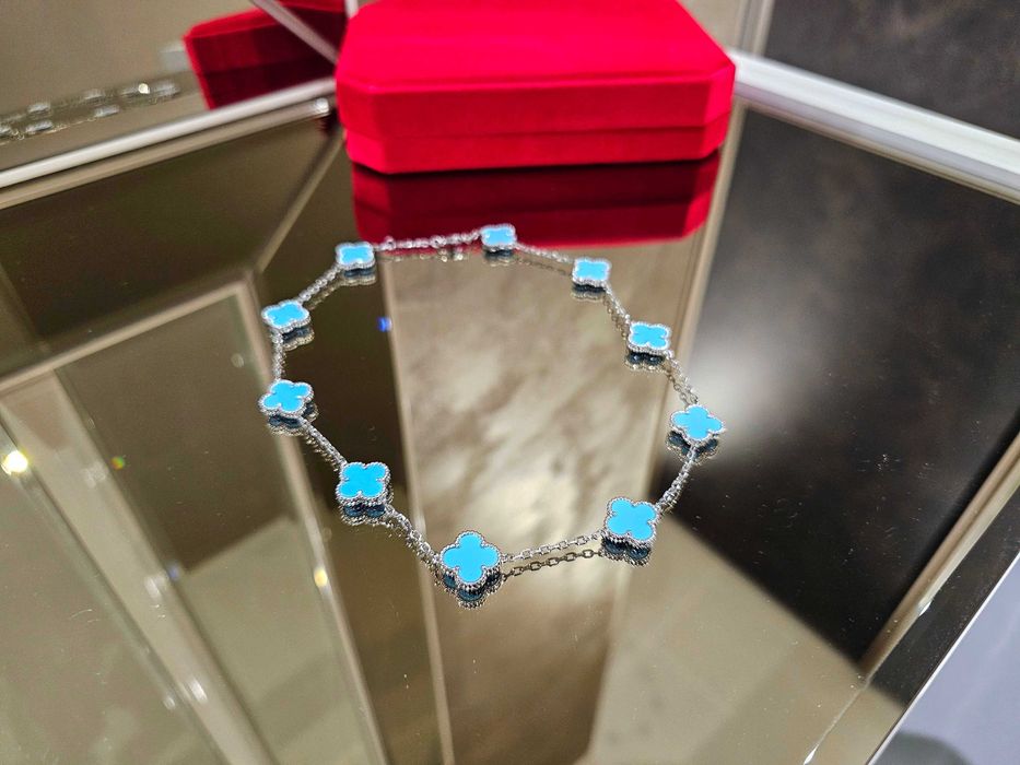 Van Cleef & Arpels VCA Silver Turquoise 10 Motif Alhambra Дамско Колие