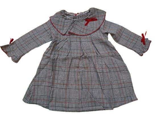 Карирана детска рокля с панделки– Сива, 3-4 г