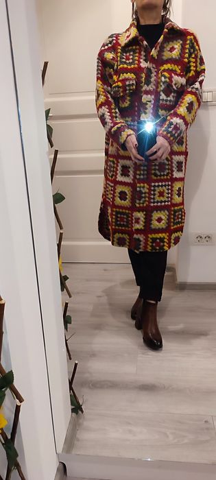 Cardigan croșetat, 100% lână, boho cu imprimeu floral, unicat