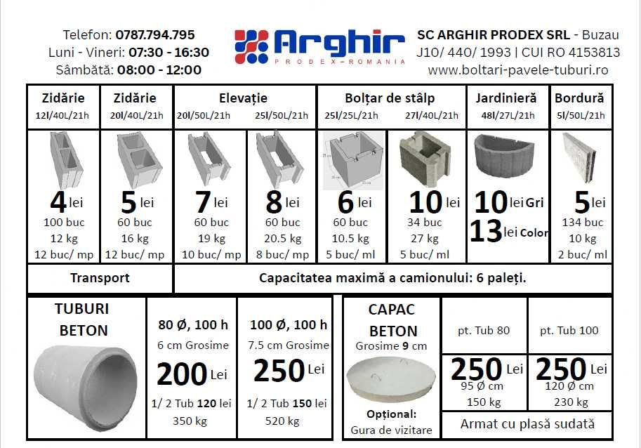 Bolțari beton Buzau, Tuburi beton, pavele (preț pe bucata)