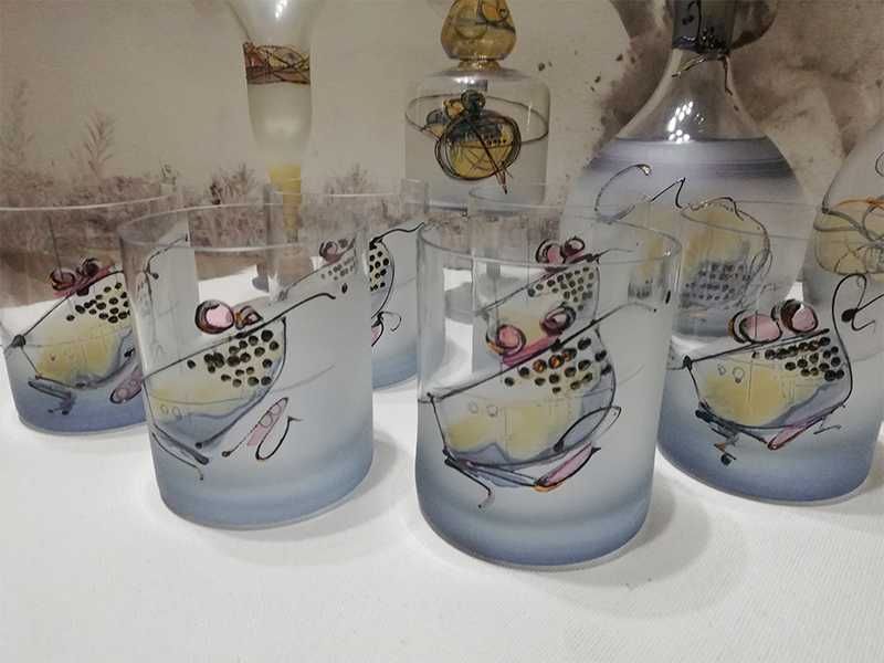 Set whisky 10 piese sticla pictata manual - Ion Art - nuante albastrui