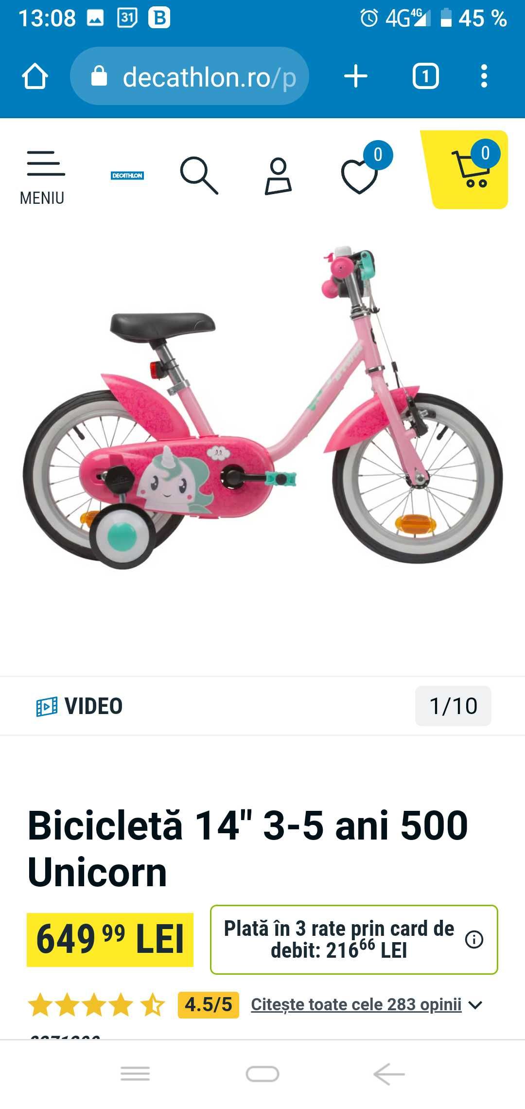 Bicicleta fete BTWIN Unicorn 14" 3-6 anj