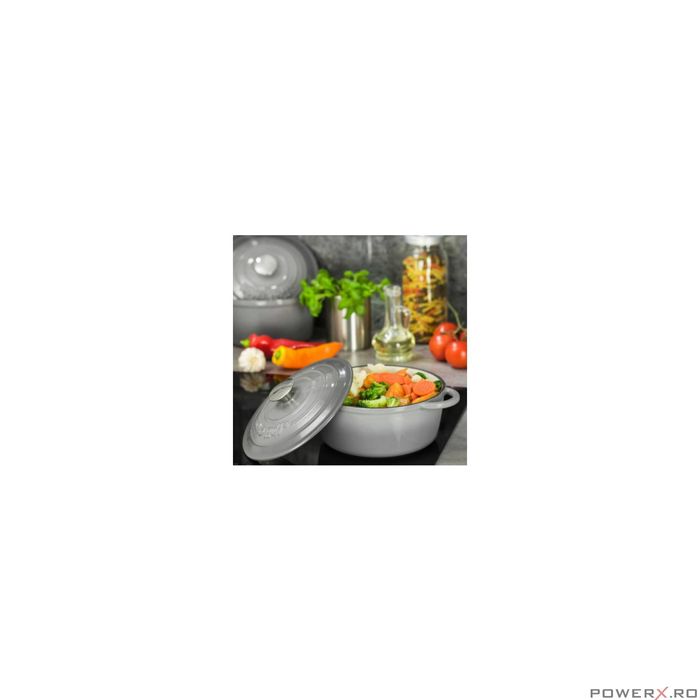 Oala din fonta emailata 4 litri, 24cm, cratita cu capac, gri, KingHoff