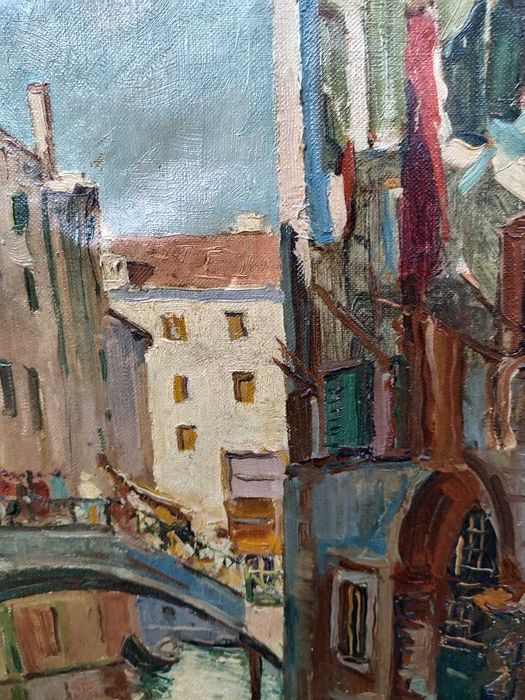 Pictura veche - canal Venetian - semnat indescifrabil
